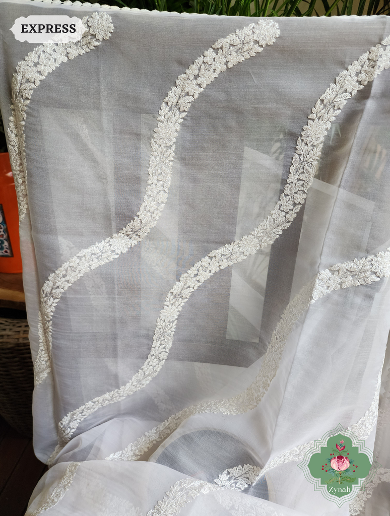 Zynah Off White / Yellow Organza Silk Saree With Floral Print & Kantha, Sequins & Chikankari Work; Custom Stitched/Ready-made Blouse, Fall, Petticoat; SKU: 3007202302