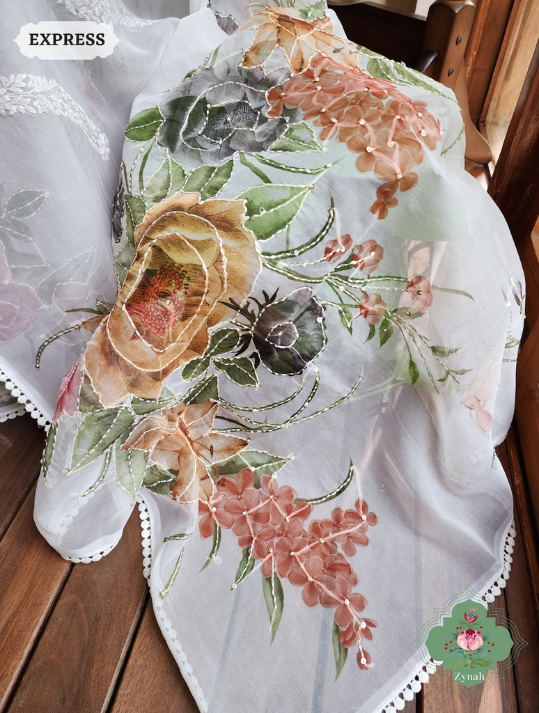 Zynah Off White / Yellow Organza Silk Saree With Floral Print & Kantha, Sequins & Chikankari Work; Custom Stitched/Ready-made Blouse, Fall, Petticoat; SKU: 3007202302