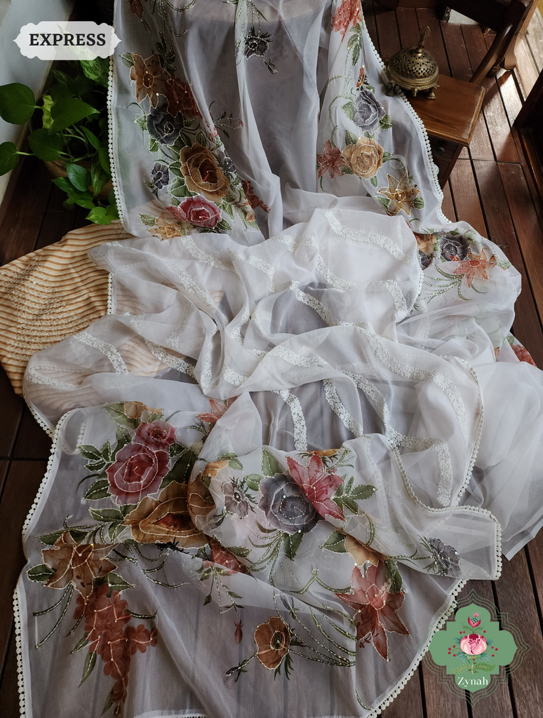 Zynah Off White / Yellow Organza Silk Saree With Floral Print & Kantha, Sequins & Chikankari Work; Custom Stitched/Ready-made Blouse, Fall, Petticoat; SKU: 3007202302