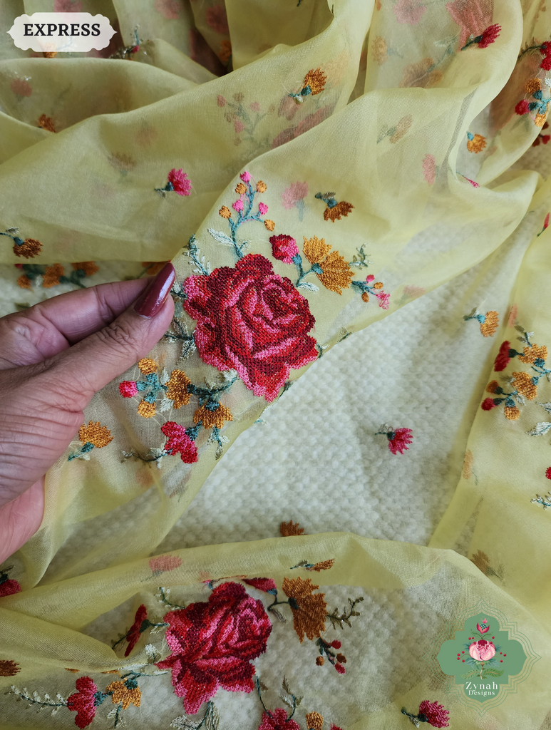Zynah Yellow Organza Silk Saree Featuring Cross-Stitch Embroidered Roses & Scalloped Border Hand Embellished With Cutdana; Custom Stitched/Ready-made Blouse, Fall, Petticoat; SKU: 1112202401