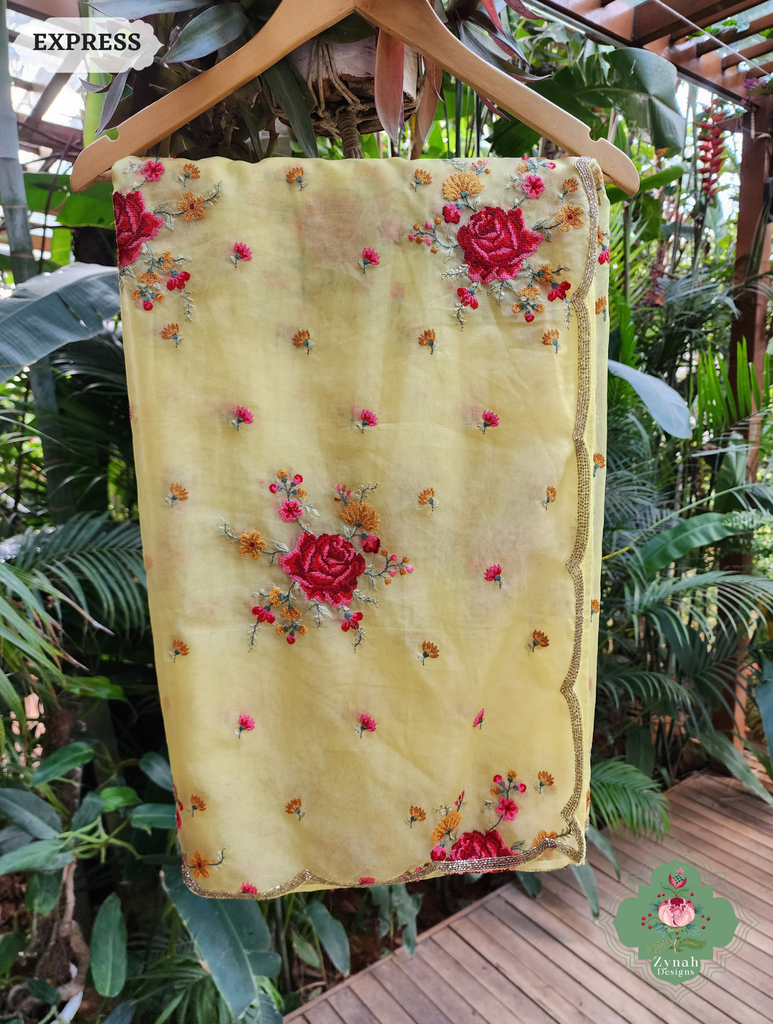 Zynah Yellow Organza Silk Saree Featuring Cross-Stitch Embroidered Roses & Scalloped Border Hand Embellished With Cutdana; Custom Stitched/Ready-made Blouse, Fall, Petticoat; SKU: 1112202401