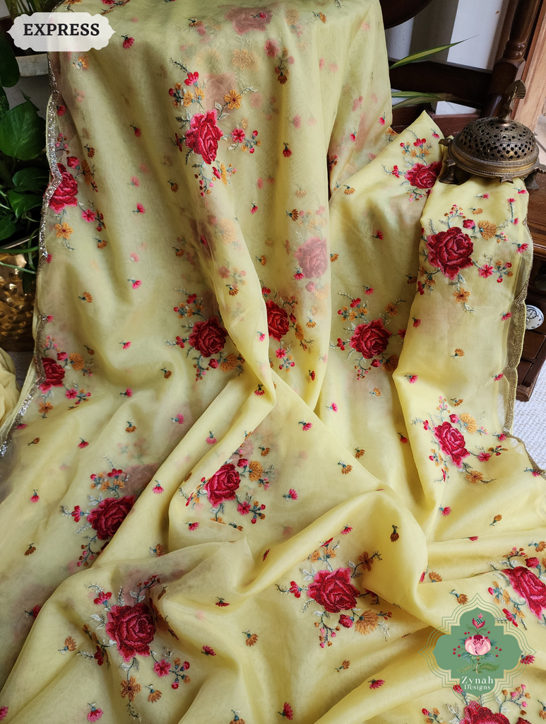 Zynah Yellow Organza Silk Saree Featuring Cross-Stitch Embroidered Roses & Scalloped Border Hand Embellished With Cutdana; Custom Stitched/Ready-made Blouse, Fall, Petticoat; SKU: 1112202401