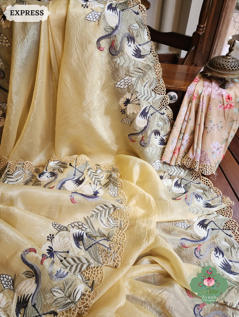 Zynah Yellow Organza Tissue Saree With Exquisite Crane Embroidery & Cutwork Scalloped Border; Custom Stitched/Ready-made Blouse, Fall, Petticoat; SKU: 0410202503