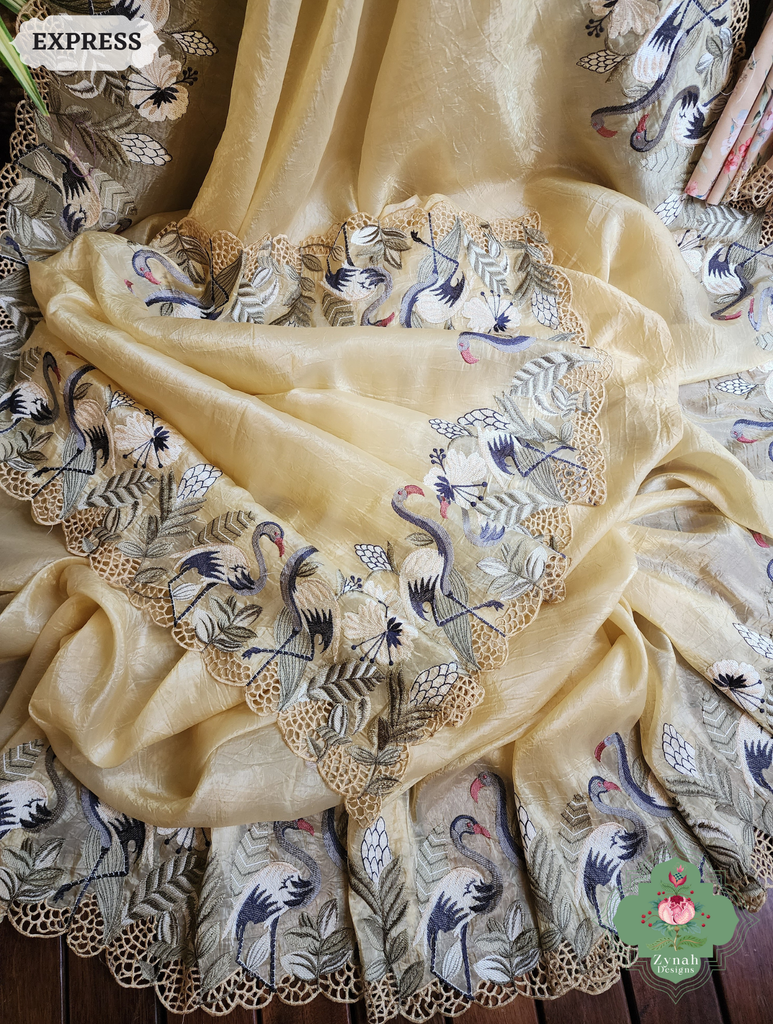 Zynah Yellow Organza Tissue Saree With Exquisite Crane Embroidery & Cutwork Scalloped Border; Custom Stitched/Ready-made Blouse, Fall, Petticoat; SKU: 0410202503