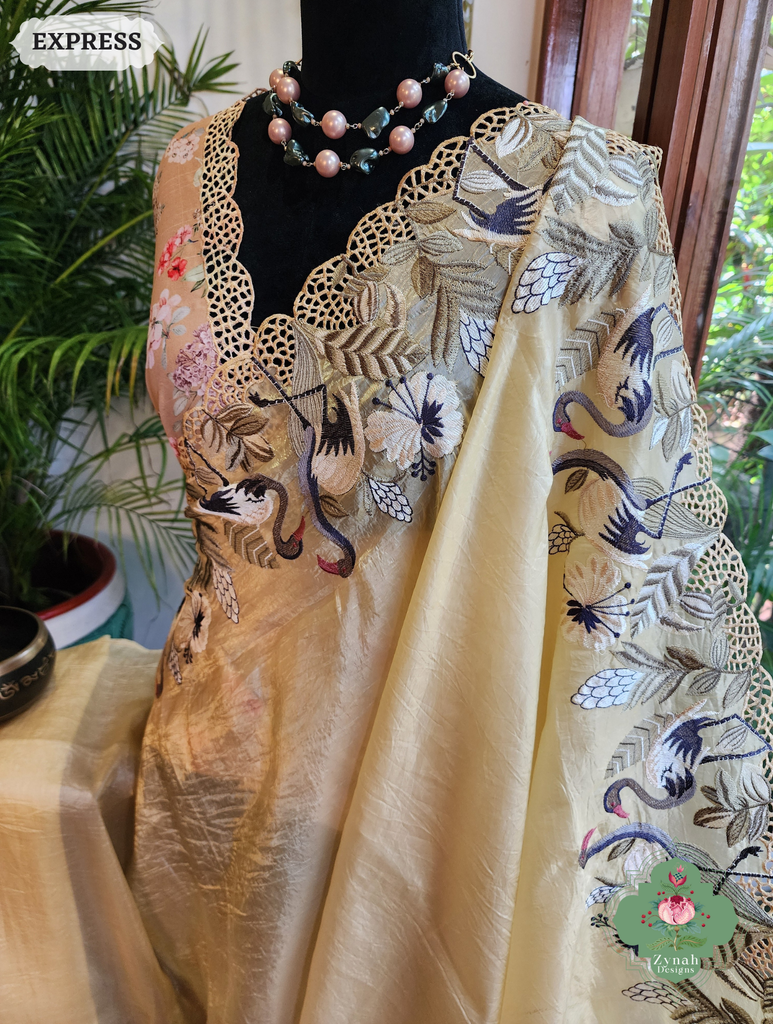 Zynah Yellow Organza Tissue Saree With Exquisite Crane Embroidery & Cutwork Scalloped Border; Custom Stitched/Ready-made Blouse, Fall, Petticoat; SKU: 0410202503