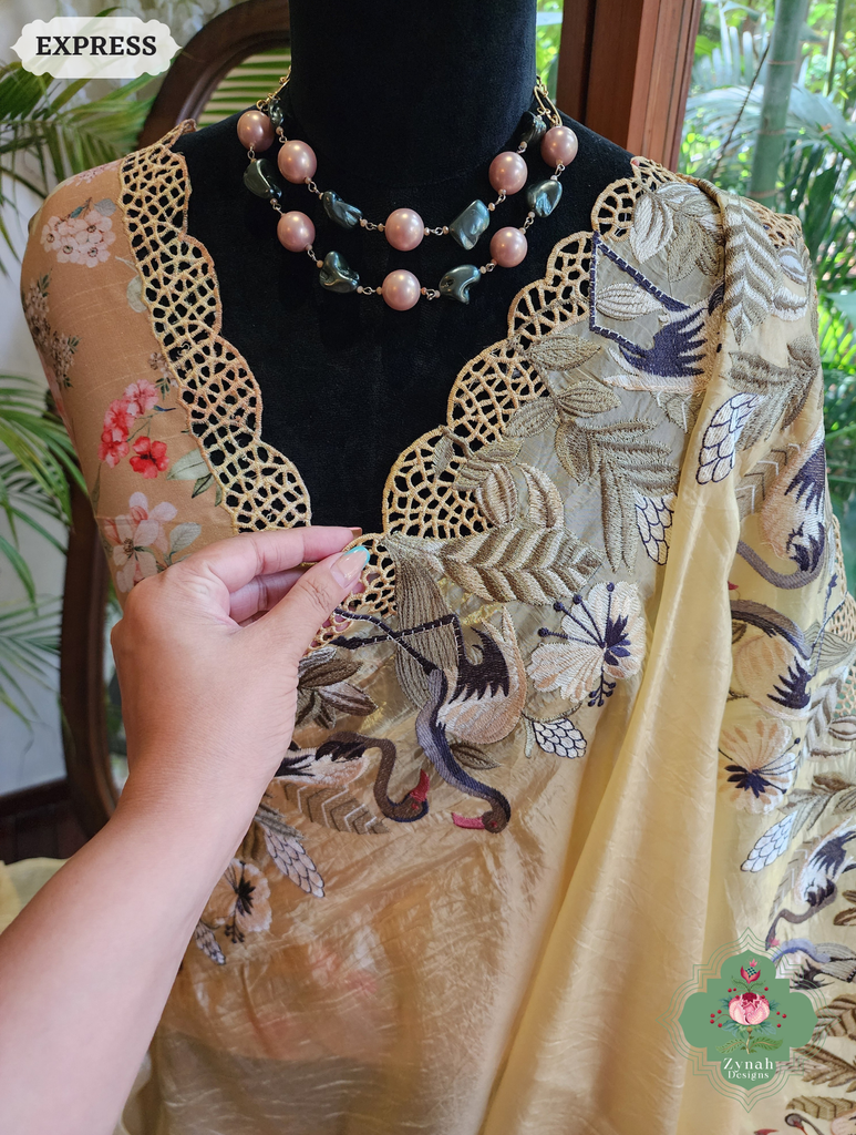 Zynah Yellow Organza Tissue Saree With Exquisite Crane Embroidery & Cutwork Scalloped Border; Custom Stitched/Ready-made Blouse, Fall, Petticoat; SKU: 0410202503