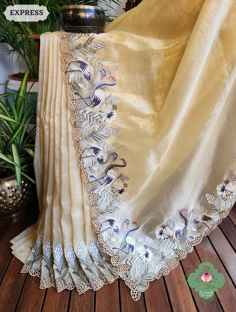 Zynah Yellow Organza Tissue Saree With Exquisite Crane Embroidery & Cutwork Scalloped Border; Custom Stitched/Ready-made Blouse, Fall, Petticoat; SKU: 0410202503