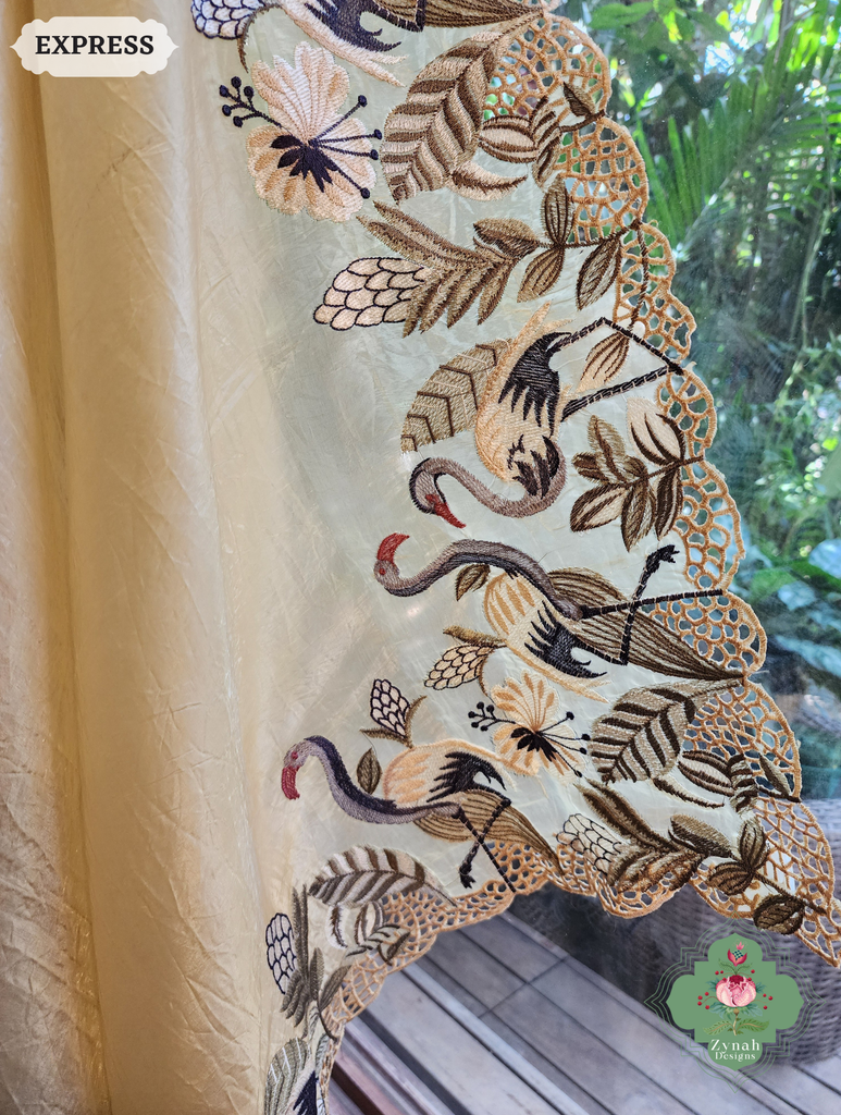 Zynah Yellow Organza Tissue Saree With Exquisite Crane Embroidery & Cutwork Scalloped Border; Custom Stitched/Ready-made Blouse, Fall, Petticoat; SKU: 0410202503