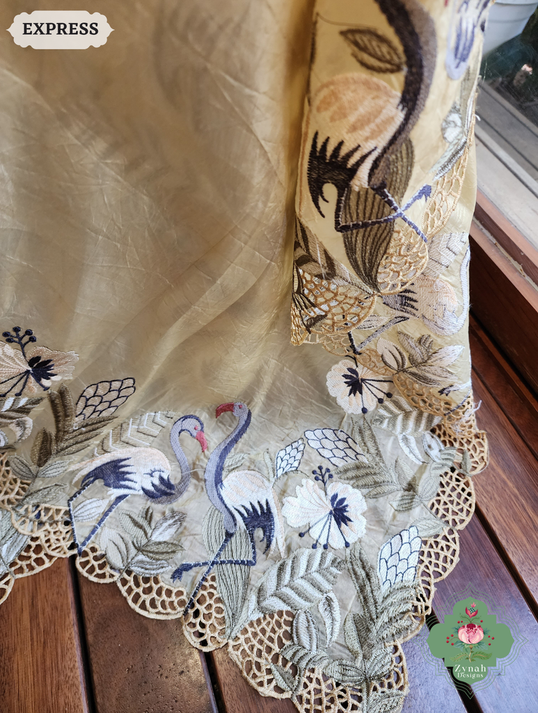 Zynah Yellow Organza Tissue Saree With Exquisite Crane Embroidery & Cutwork Scalloped Border; Custom Stitched/Ready-made Blouse, Fall, Petticoat; SKU: 0410202503