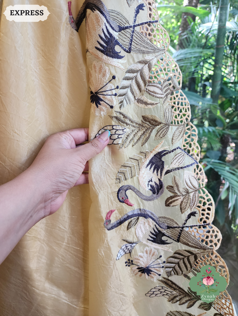 Zynah Yellow Organza Tissue Saree With Exquisite Crane Embroidery & Cutwork Scalloped Border; Custom Stitched/Ready-made Blouse, Fall, Petticoat; SKU: 0410202503