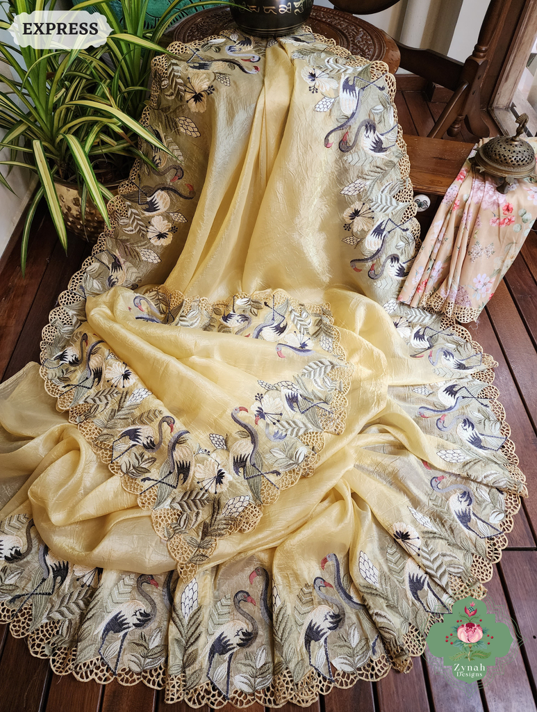 Zynah Yellow Organza Tissue Saree With Exquisite Crane Embroidery & Cutwork Scalloped Border; Custom Stitched/Ready-made Blouse, Fall, Petticoat; SKU: 0410202503