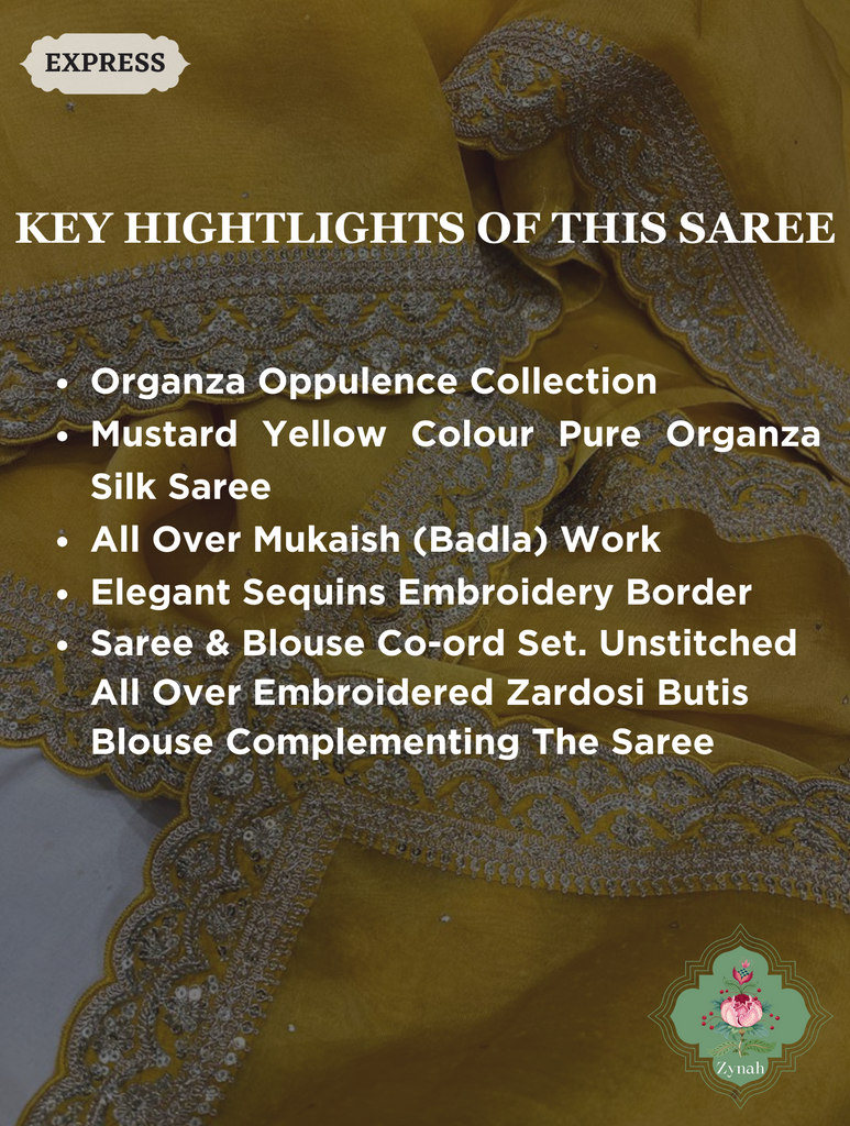 Mustard Yellow Pure Organza Silk Saree With All Over Mukaish Work & Sequins Embroidered Border