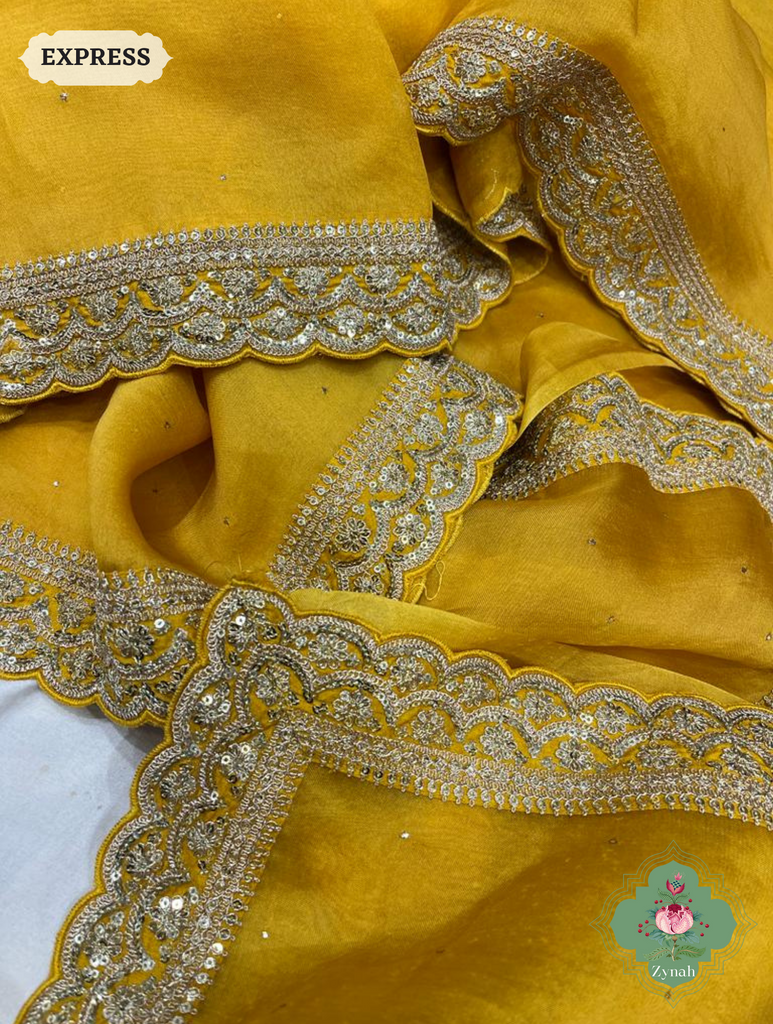 Mustard Yellow Pure Organza Silk Saree With All Over Mukaish Work & Sequins Embroidered Border