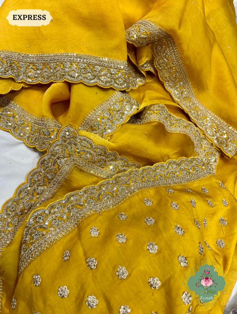 Mustard Yellow Pure Organza Silk Saree With All Over Mukaish Work & Sequins Embroidered Border