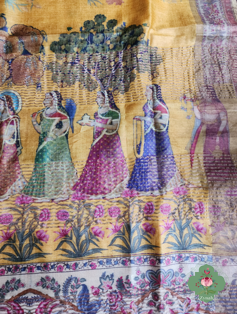Yellow Pure Tussar Silk Saree With Pichwai Print 10