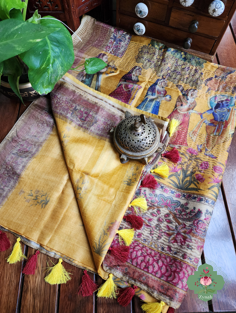 Yellow Pure Tussar Silk Saree With Pichwai Print 11