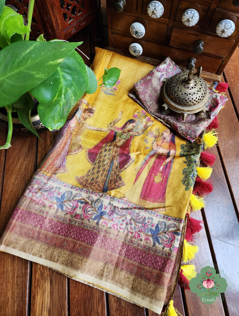 Zynah Yellow Pure Tussar Silk Saree With Pichwai Print; Custom Stitched/Ready-made Blouse, Fall, Petticoat; SKU: 0401202401