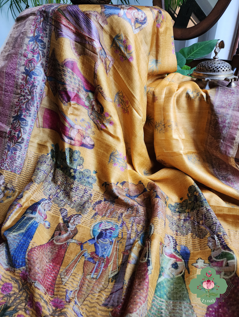 Yellow Pure Tussar Silk Saree With Pichwai Print 7