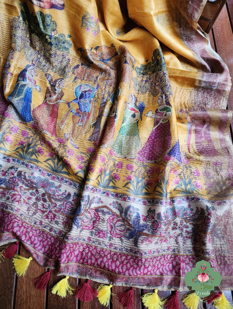 Yellow Pure Tussar Silk Saree With Pichwai Print 8
