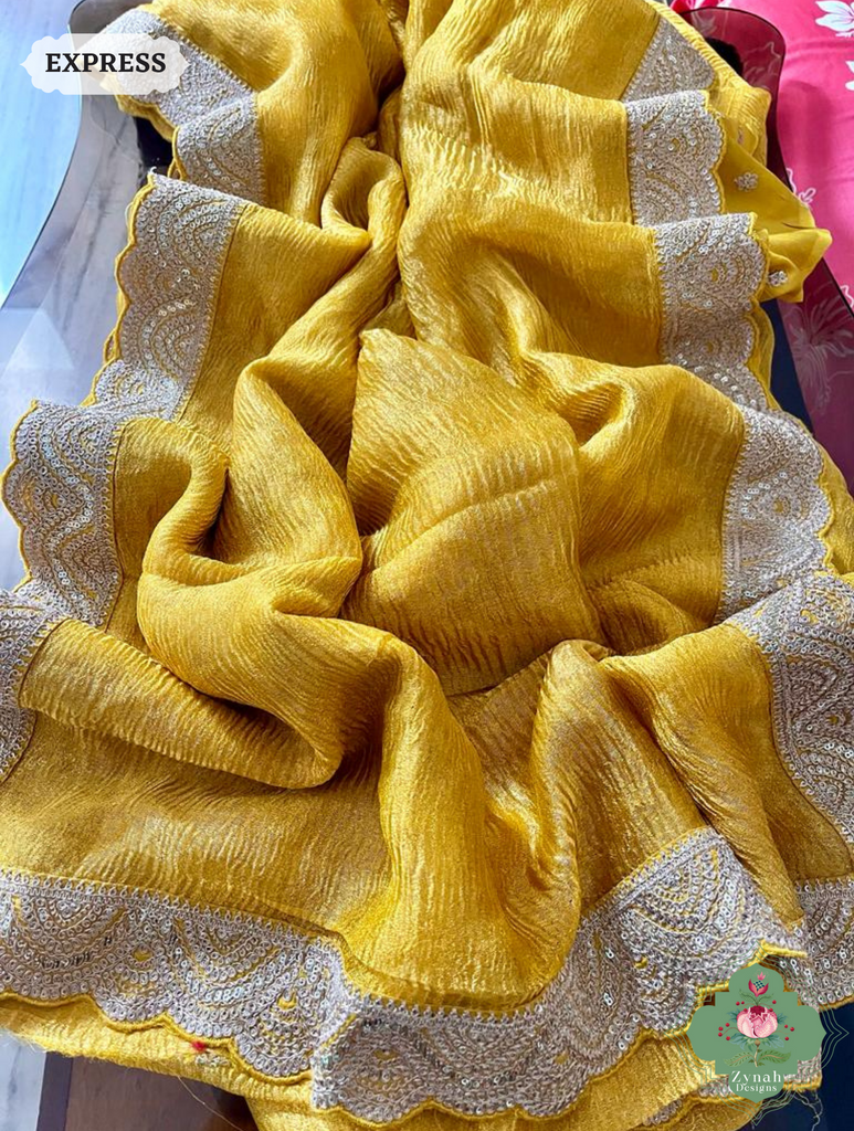 Metallic Yellow Crushed Tissue Saree With Scalloped Border 1