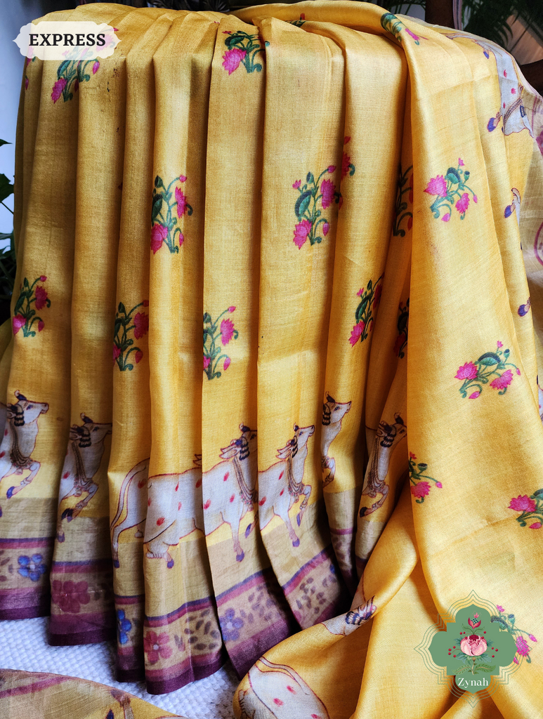 Zynah Yellow Pure Tussar Silk Saree With Pichwai Print; Custom Stitched/Ready-made Blouse, Fall, Petticoat; SKU: 1908202302