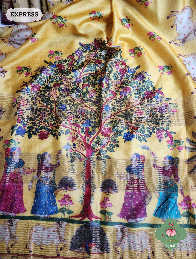 Zynah Yellow Pure Tussar Silk Saree With Pichwai Print; Custom Stitched/Ready-made Blouse, Fall, Petticoat; SKU: 1908202302
