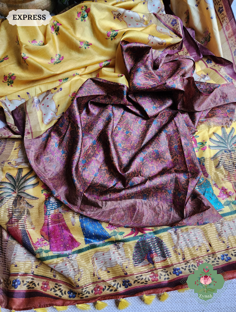 Zynah Yellow Pure Tussar Silk Saree With Pichwai Print; Custom Stitched/Ready-made Blouse, Fall, Petticoat; SKU: 1908202302