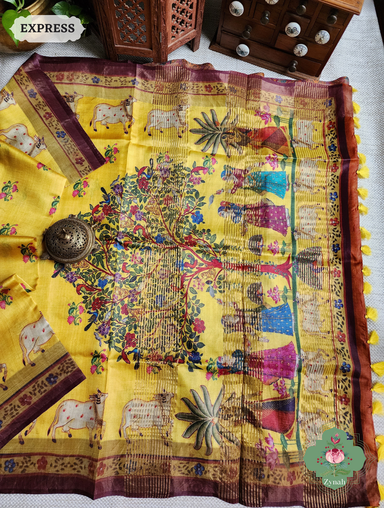Zynah Yellow Pure Tussar Silk Saree With Pichwai Print; Custom Stitched/Ready-made Blouse, Fall, Petticoat; SKU: 1908202302
