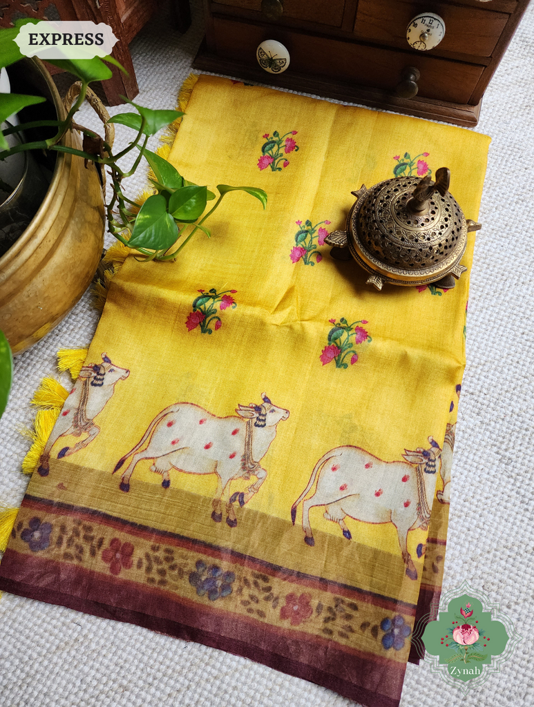 Zynah Yellow Pure Tussar Silk Saree With Pichwai Print; Custom Stitched/Ready-made Blouse, Fall, Petticoat; SKU: 1908202302