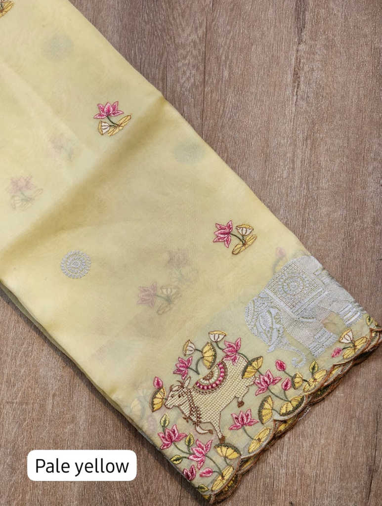 Zynah Pure Organza Silk Sarees With Elephant Pichwai Embroidery & Scallop Border; Custom Stitched/Ready-made Blouse, Fall, Petticoat; SKU: 0401202410