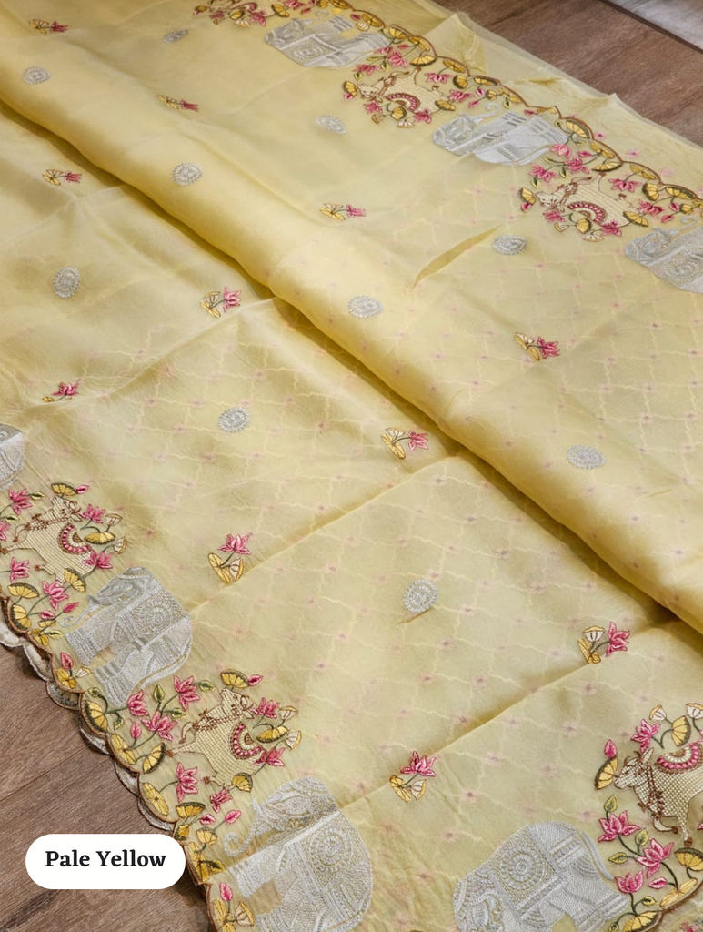 Zynah Pure Organza Silk Sarees With Elephant Pichwai Embroidery & Scallop Border; Custom Stitched/Ready-made Blouse, Fall, Petticoat; SKU: 0401202410