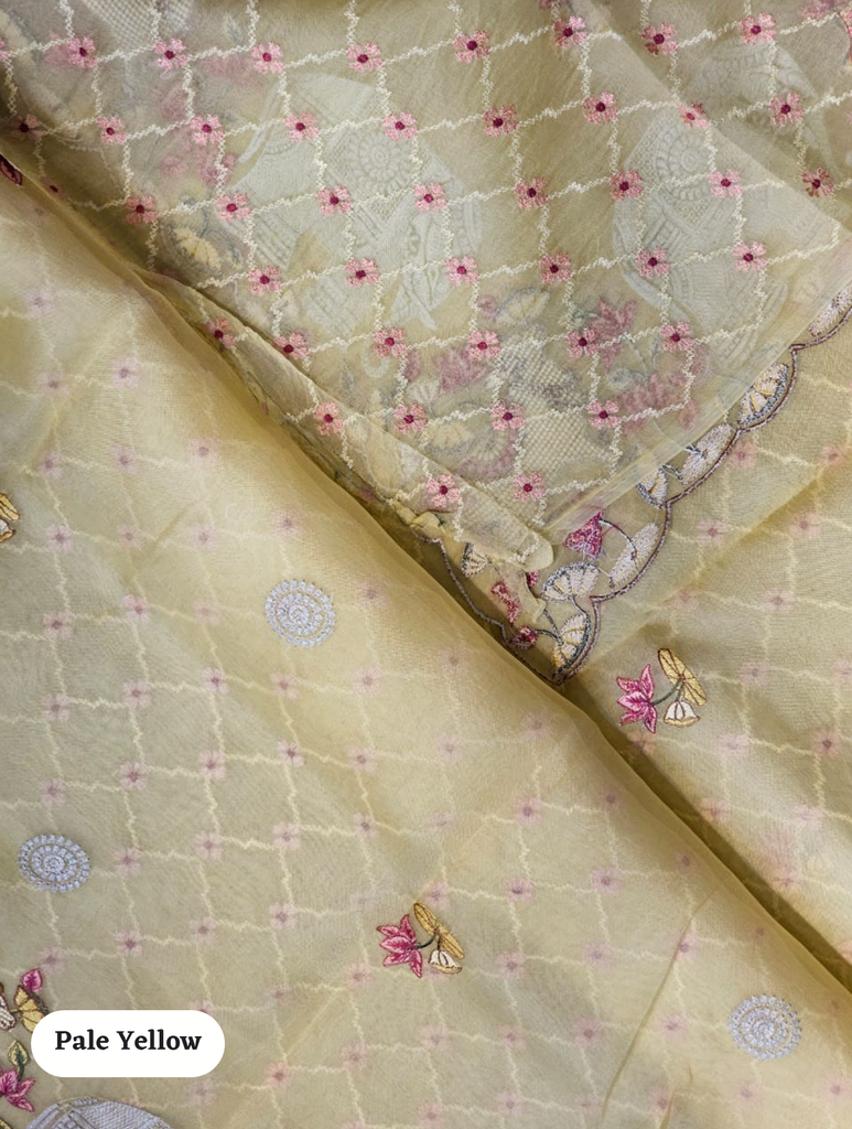 Zynah Pure Organza Silk Sarees With Elephant Pichwai Embroidery & Scallop Border; Custom Stitched/Ready-made Blouse, Fall, Petticoat; SKU: 0401202410