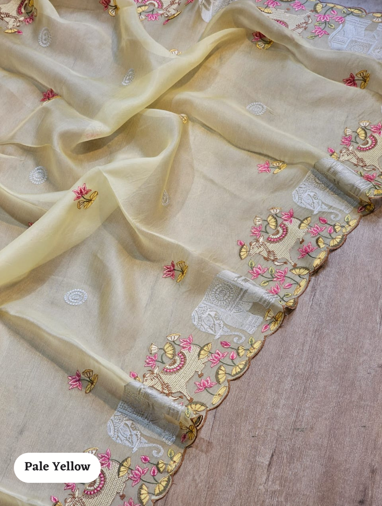 Zynah Pure Organza Silk Sarees With Elephant Pichwai Embroidery & Scallop Border; Custom Stitched/Ready-made Blouse, Fall, Petticoat; SKU: 0401202410