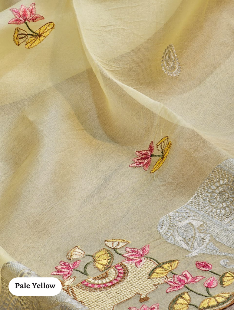 Zynah Pure Organza Silk Sarees With Elephant Pichwai Embroidery & Scallop Border; Custom Stitched/Ready-made Blouse, Fall, Petticoat; SKU: 0401202410