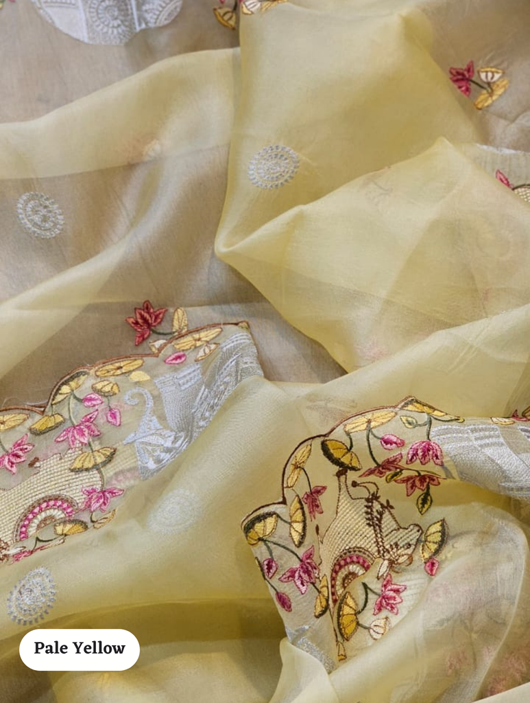 Zynah Pure Organza Silk Sarees With Elephant Pichwai Embroidery & Scallop Border; Custom Stitched/Ready-made Blouse, Fall, Petticoat; SKU: 0401202410