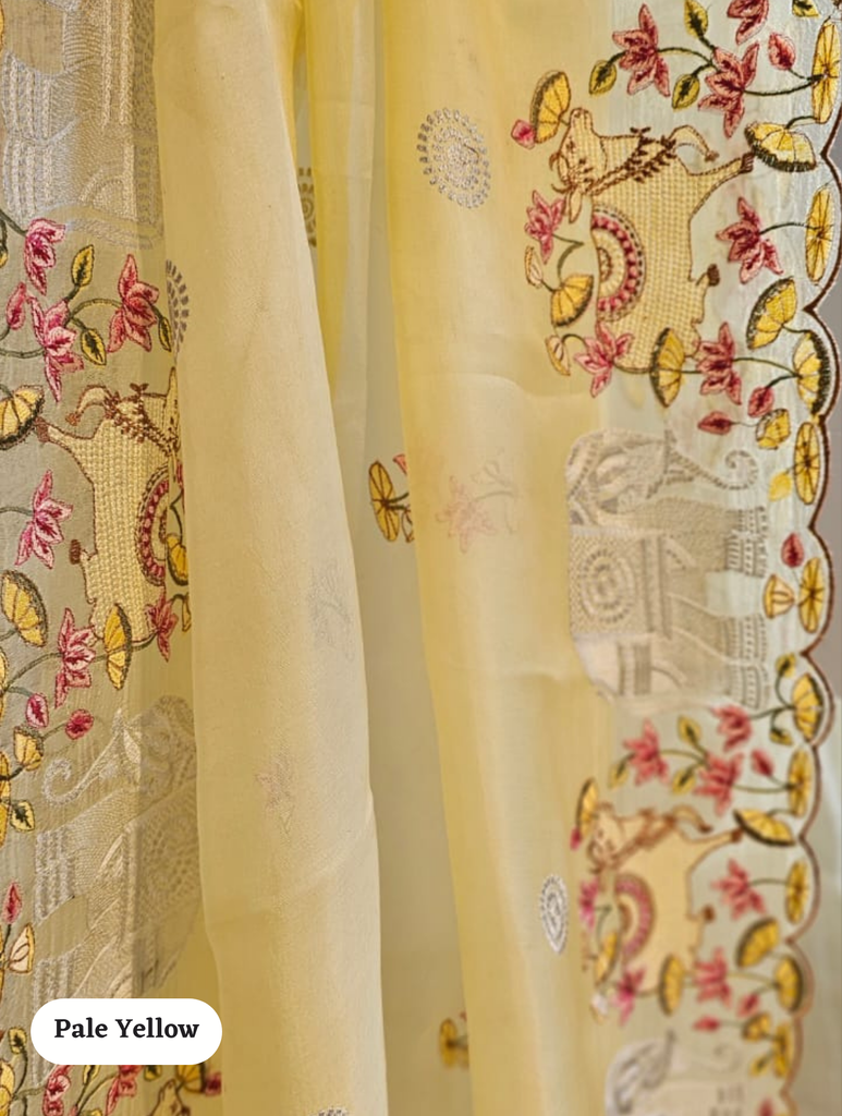 Zynah Pure Organza Silk Sarees With Elephant Pichwai Embroidery & Scallop Border; Custom Stitched/Ready-made Blouse, Fall, Petticoat; SKU: 0401202410