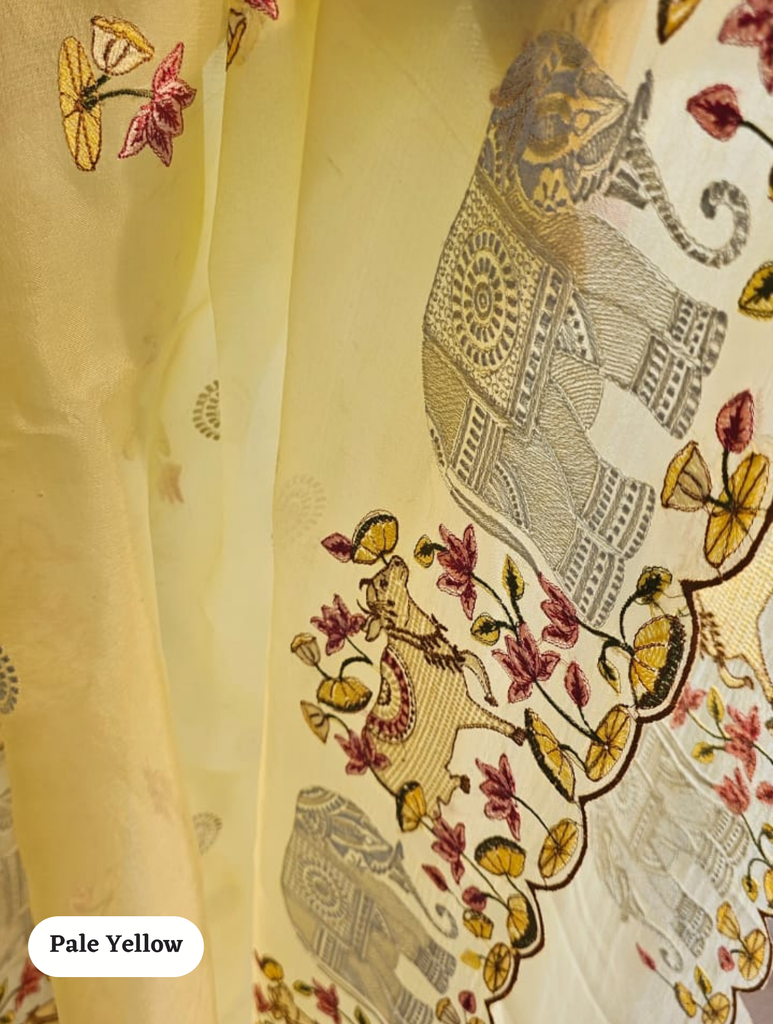 Zynah Pure Organza Silk Sarees With Elephant Pichwai Embroidery & Scallop Border; Custom Stitched/Ready-made Blouse, Fall, Petticoat; SKU: 0401202410