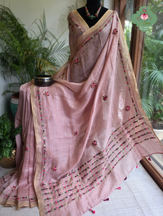 Yutika | Dusty Rose Pink Pure Silk Linen Saree With Hand Embroidery