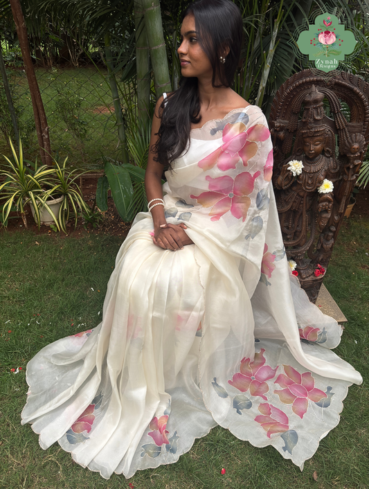 Zahra Off White Hand Painted Organza Silk Saree With Hand Embellishments