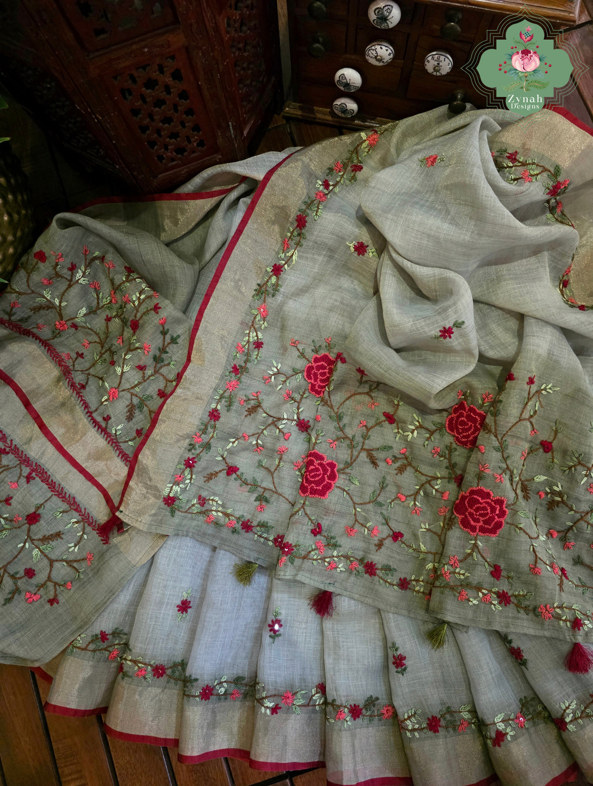 Zarnish | Earthy Green Linen Tissue Saree With Hand Embroidery