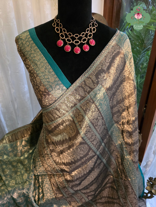 Zoon | Dusty Teal Blue & Antique Gold Kashmiri Pure Kani Tissue Silk Jamavar Weave Saree | Made To Order