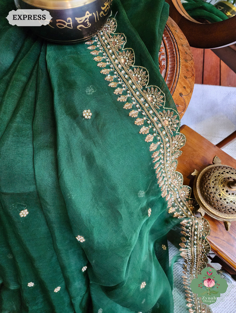 Zynah Bottle Green Organza Silk Saree With Zardozi & Maggam Hand Embroidery; Custom Stitched/Ready-made Blouse, Fall, Petticoat; SKU: 0708202402
