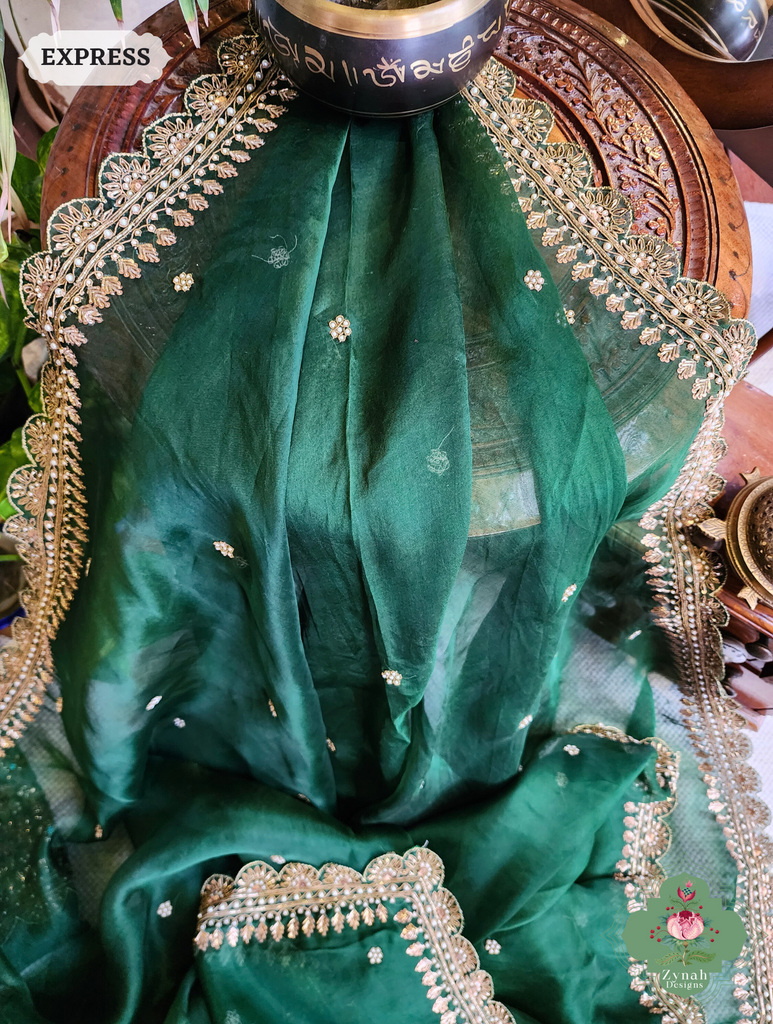 Zynah Bottle Green Organza Silk Saree With Zardozi & Maggam Hand Embroidery; Custom Stitched/Ready-made Blouse, Fall, Petticoat; SKU: 0708202402
