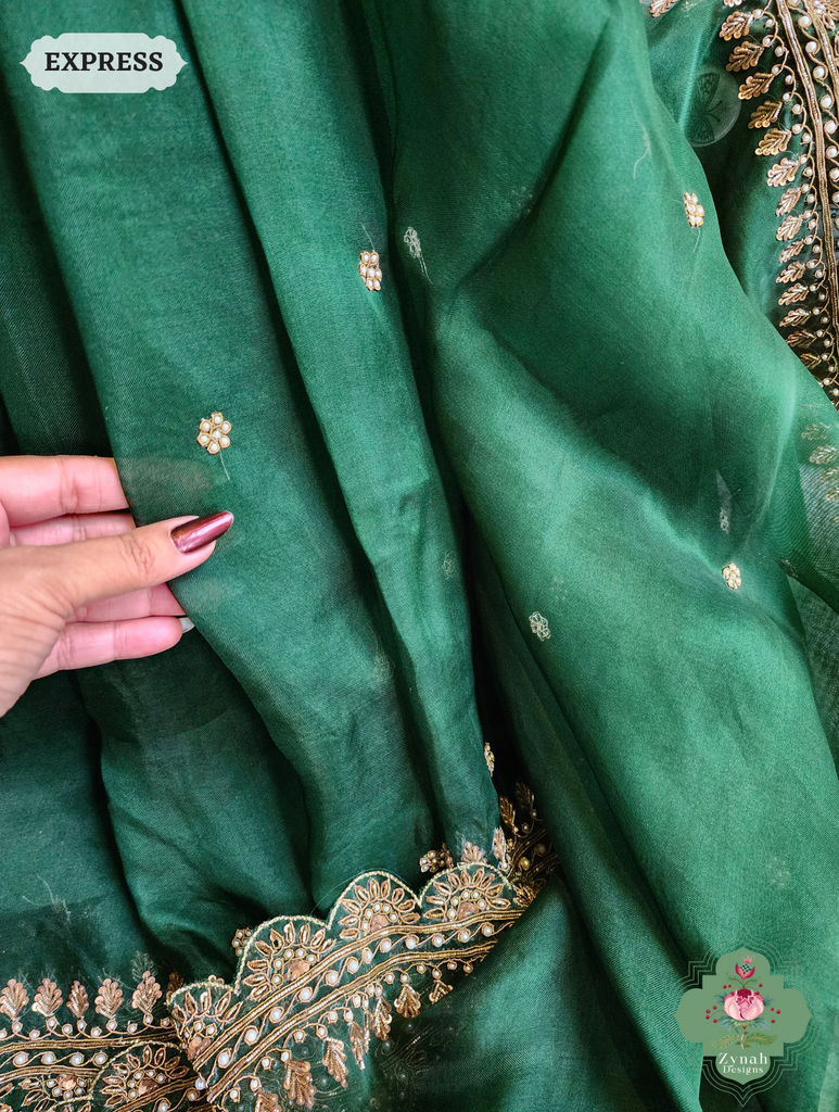 Zynah Bottle Green Organza Silk Saree With Zardozi & Maggam Hand Embroidery; Custom Stitched/Ready-made Blouse, Fall, Petticoat; SKU: 0708202402