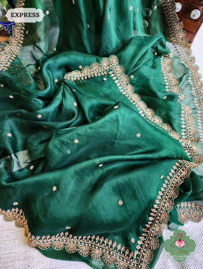 Zynah Bottle Green Organza Silk Saree With Zardozi & Maggam Hand Embroidery; Custom Stitched/Ready-made Blouse, Fall, Petticoat; SKU: 0708202402