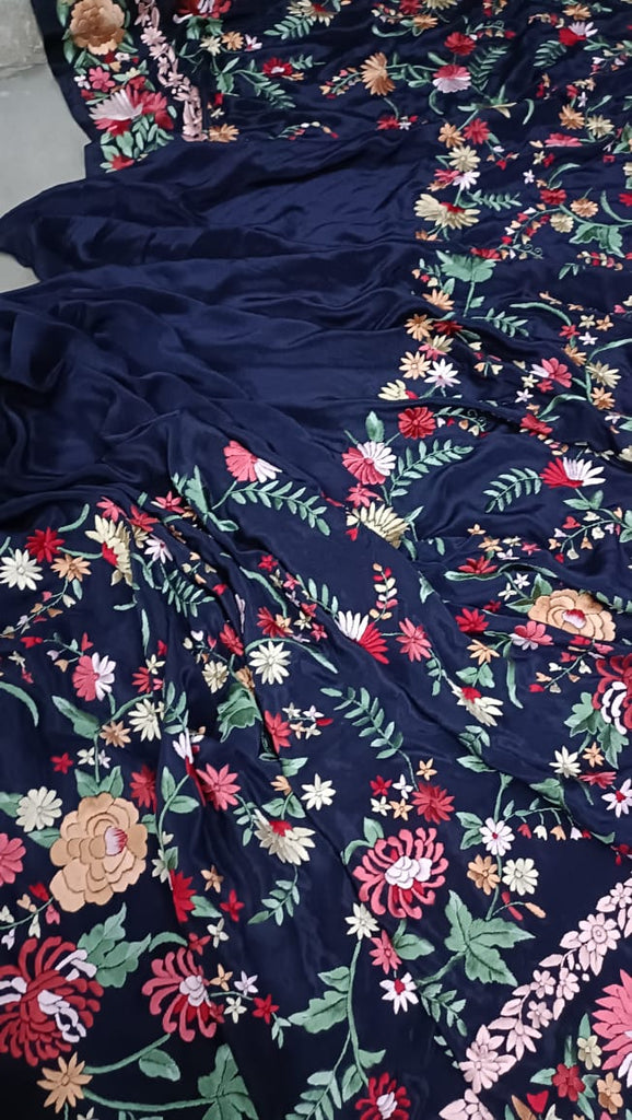 Zynah Made To Order Navy Blue Pure Crepe Silk Hand Embroidered Parsi Gara Saree, Authentic Vintage Art, Heirloom Piece; Custom Stitched/Ready-made Blouse, Fall, Petticoat; SKU: 1311202301