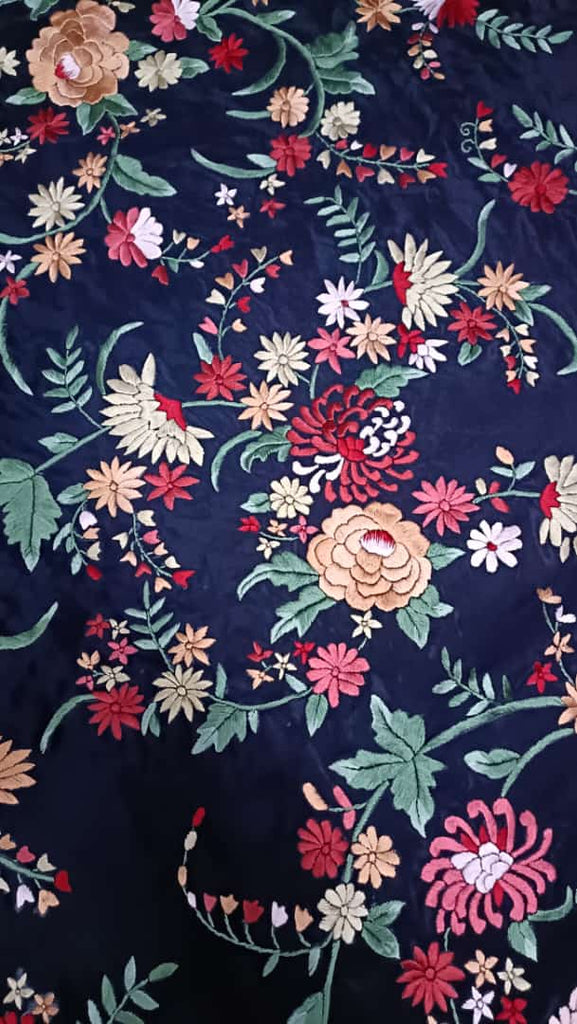 Zynah Made To Order Navy Blue Pure Crepe Silk Hand Embroidered Parsi Gara Saree, Authentic Vintage Art, Heirloom Piece; Custom Stitched/Ready-made Blouse, Fall, Petticoat; SKU: 1311202301