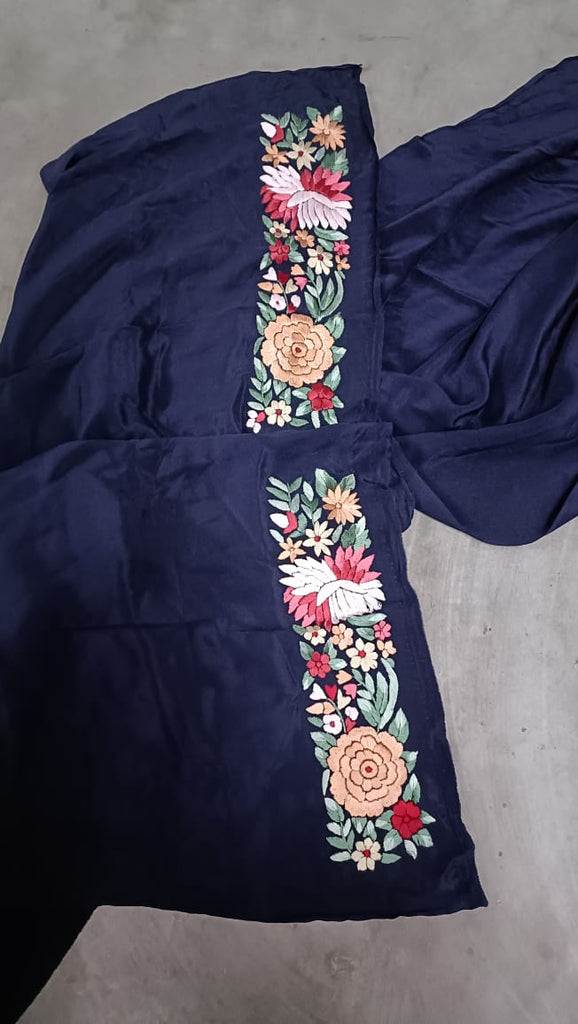 Zynah Made To Order Navy Blue Pure Crepe Silk Hand Embroidered Parsi Gara Saree, Authentic Vintage Art, Heirloom Piece; Custom Stitched/Ready-made Blouse, Fall, Petticoat; SKU: 1311202301
