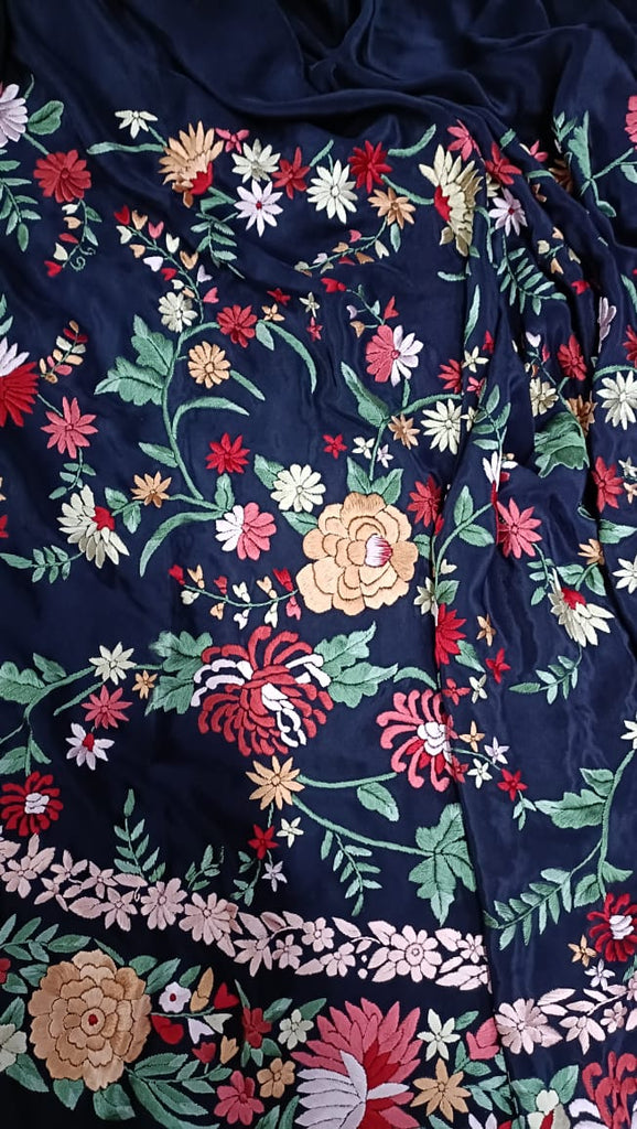 Zynah Made To Order Navy Blue Pure Crepe Silk Hand Embroidered Parsi Gara Saree, Authentic Vintage Art, Heirloom Piece; Custom Stitched/Ready-made Blouse, Fall, Petticoat; SKU: 1311202301