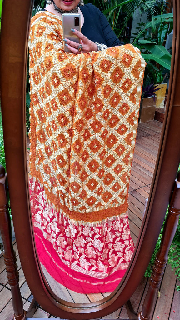 Zynah Pure Georgette Designer Bandhani Saree with Gharchola & Zari Weave; Custom Stitched/Ready-made Blouse, Fall, Petticoat; Shipping available USA, Worldwide